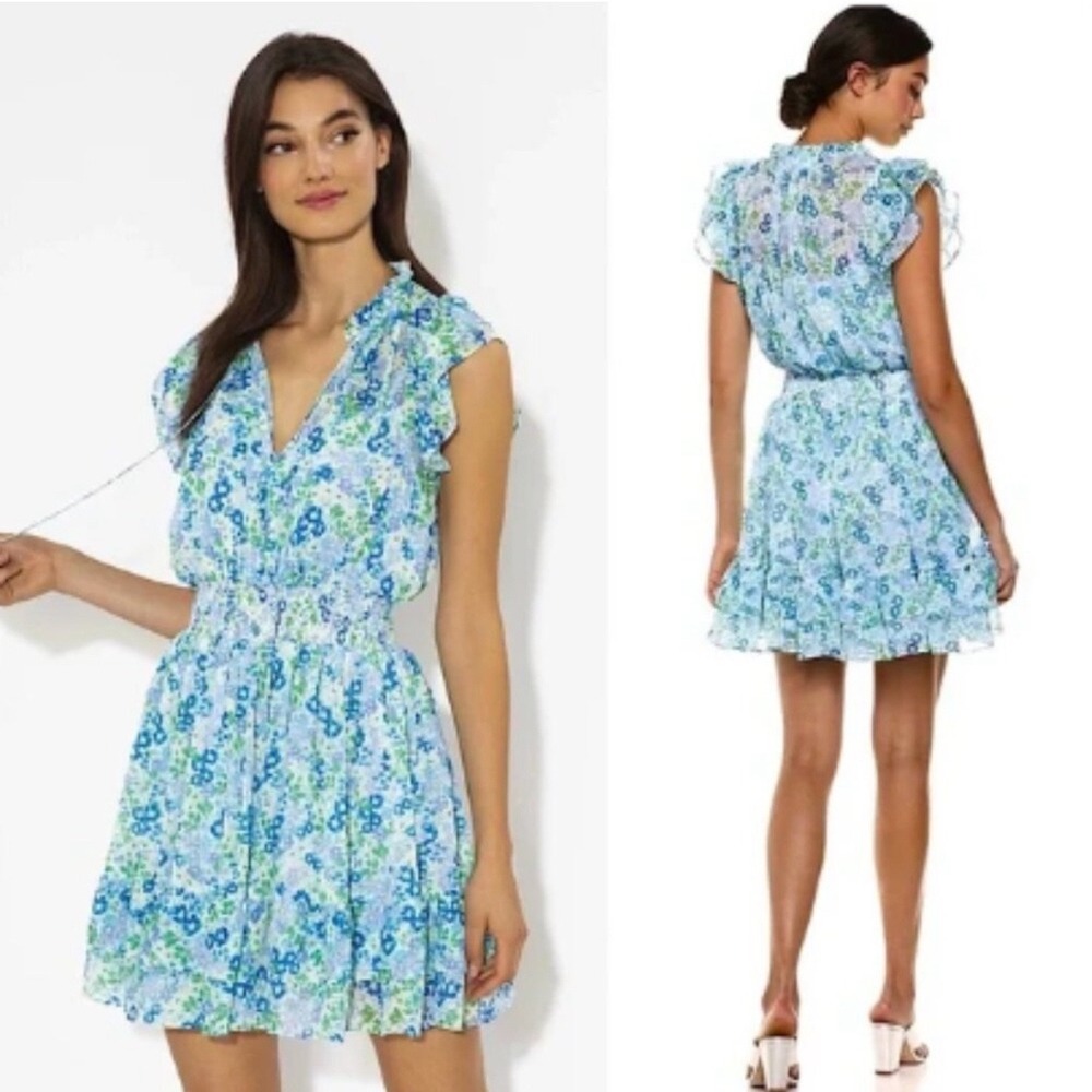 Shoshanna Edelie Blue Floral Ruffle Mini Dress‎ XS Cottagecore Feminine Sundress